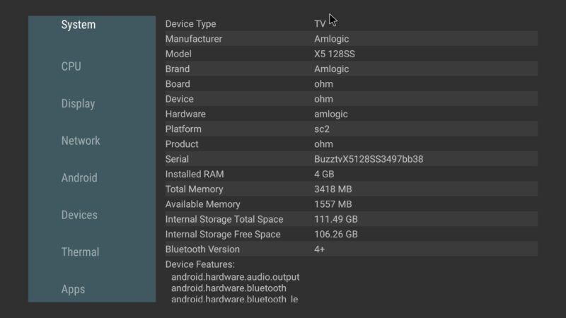 BuzzTV X5 Super Sport system info BuzzTV X5 Super Sport system info