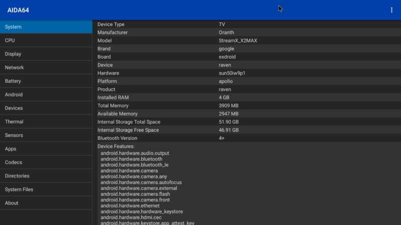 StreamX X2 MAX system info