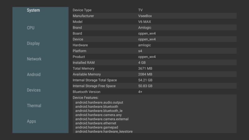 vSeeBox V6 Max system info