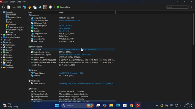 GMKtec G3 Pro system info