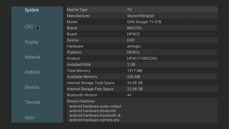Mecool MEon1 TV box system info Mecool MEon1 TV box system info