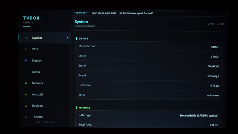 Vankyo V700G Pro system info (Custom)