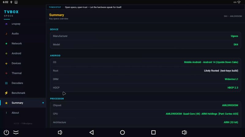 Ugoos SK4 Pro system info