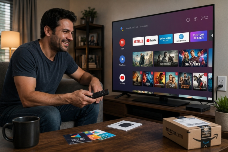 man happy with his new Android TV box purchase man happy with his new Android TV box purchase